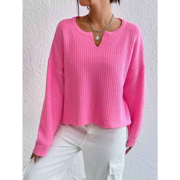 Hot pink barbie Notched Neck Drop Shoulder Split Hem Sweater - Picture 3 of 7